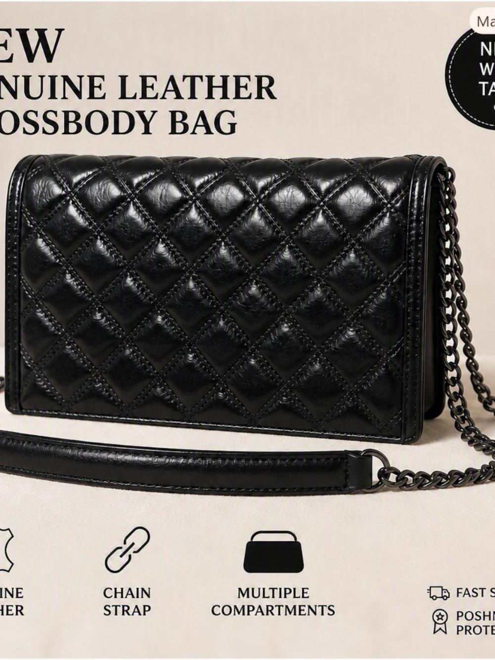 Unbranded Black Quilted Genuine Leather Crossbody Bag — New With Tags
